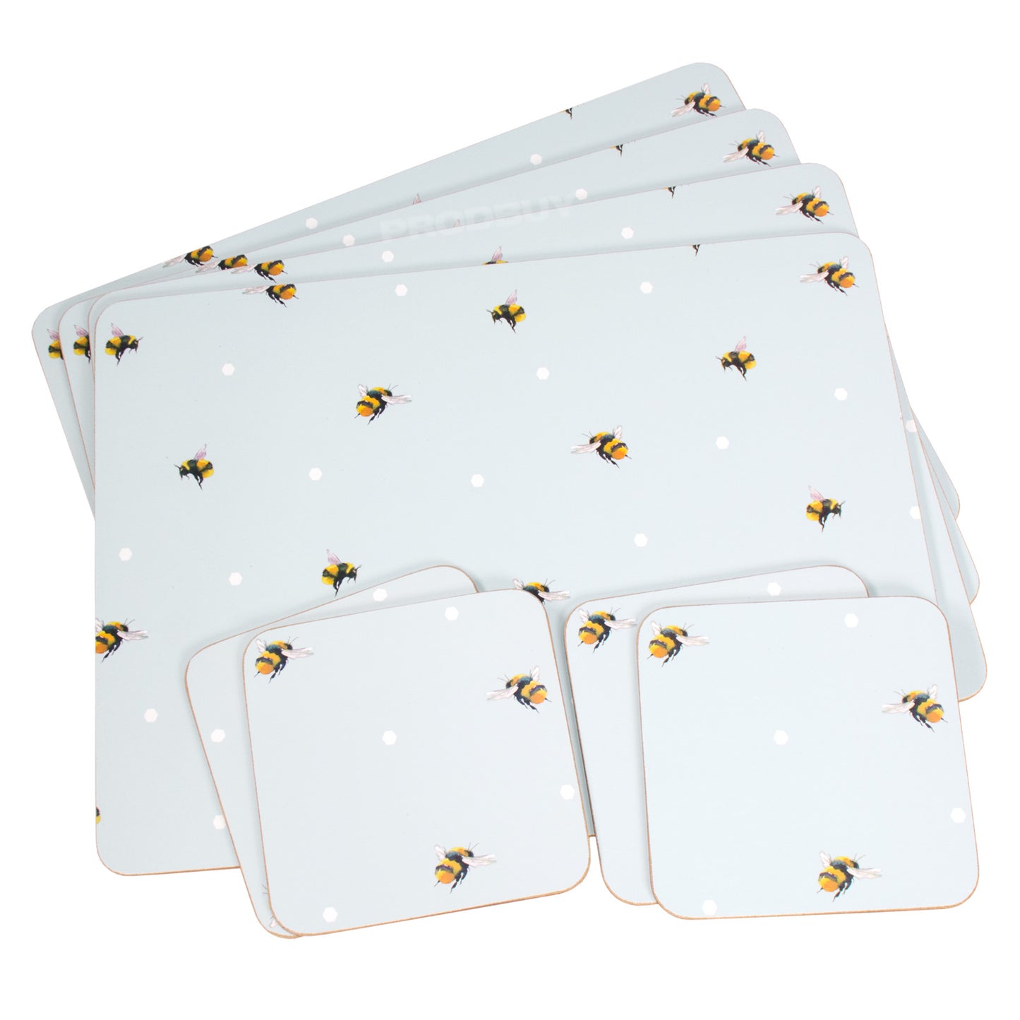 Set of 4 Placemats & 4 Coasters with Blue Bees Design