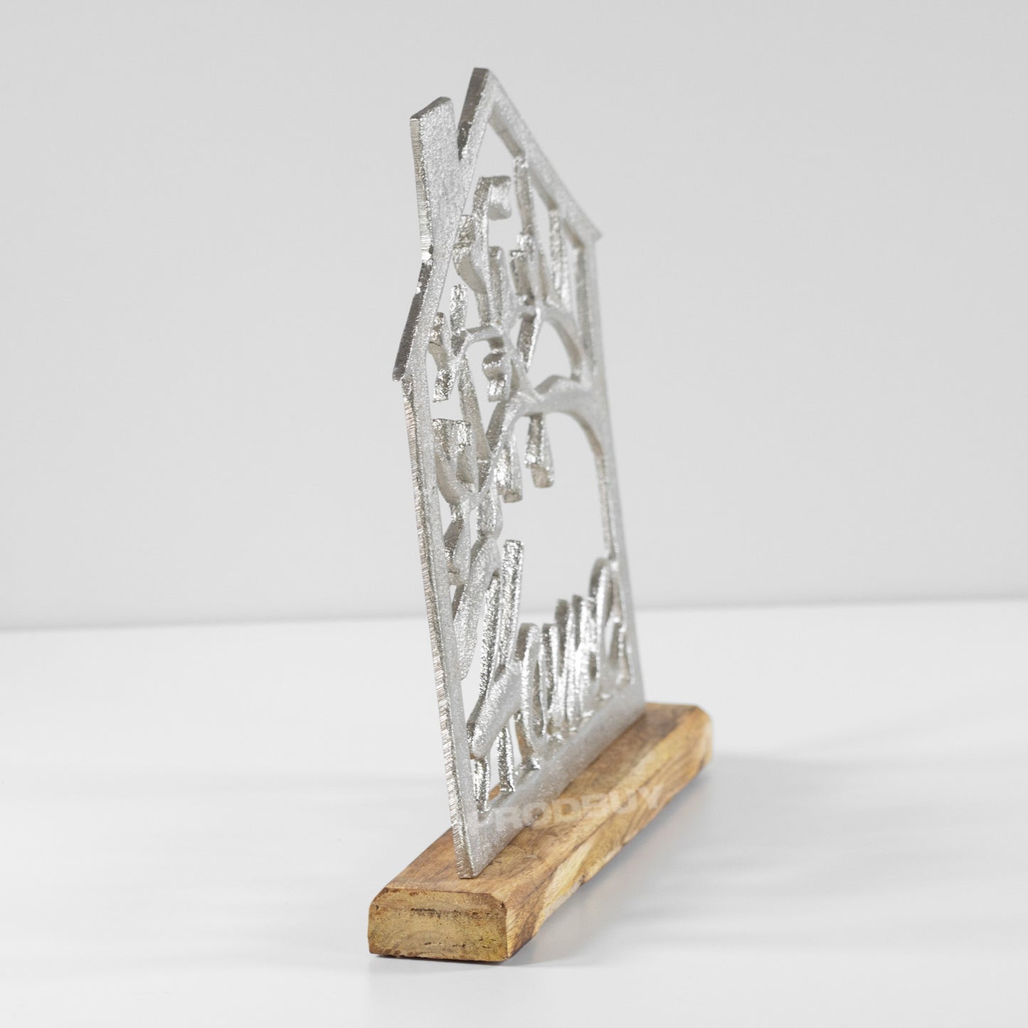 Silver Metal House Shaped "Home" Decoration with Mango Wood Base
