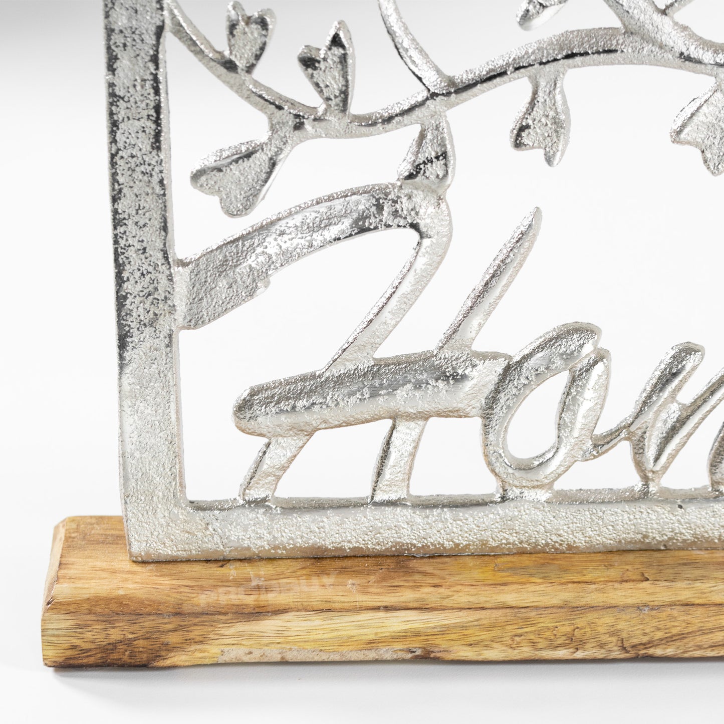 Silver Metal House Shaped "Home" Decoration with Mango Wood Base