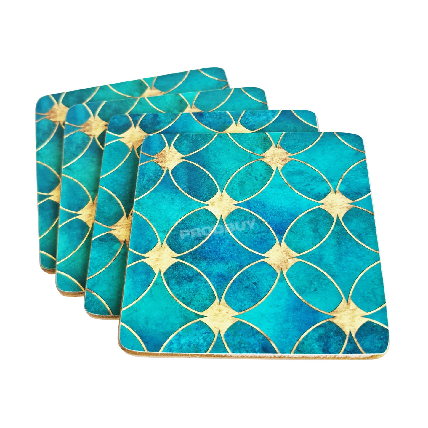 Set of 4 Cork Place Mats and Coasters - Art Deco Floral Gold Edge design
