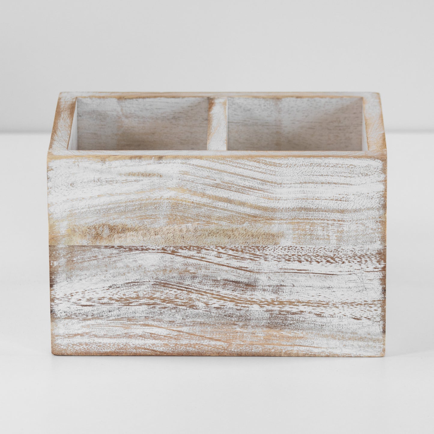 Vintage White Washed Wooden Storage Caddy Cutlery Utensil Holder Desk Organiser