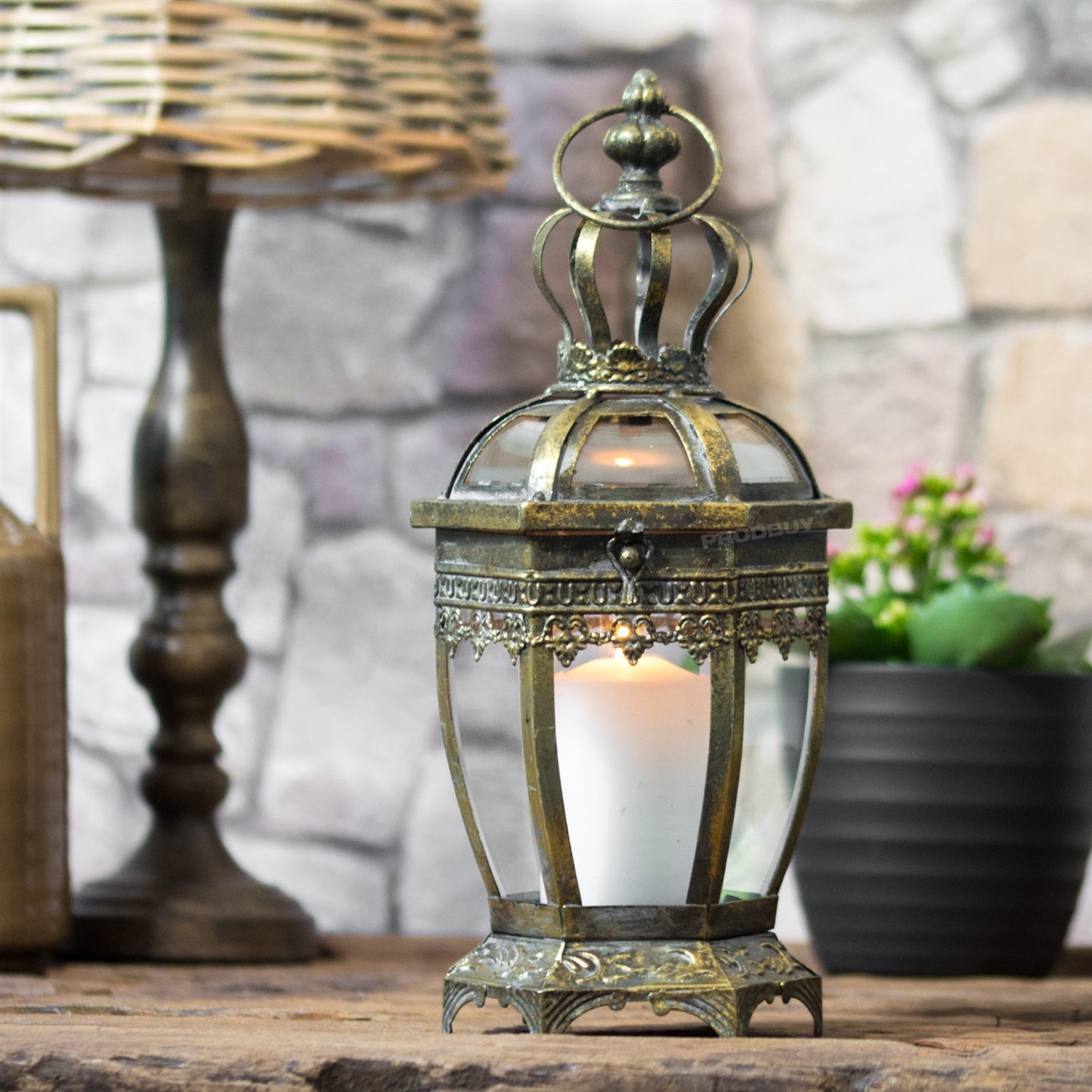 Rustic Metal & Glass Candle Lantern Hurricane Lamp