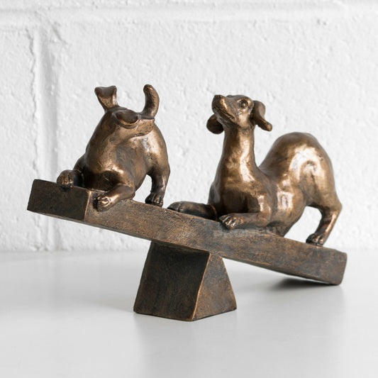 Dogs Playing On Seesaw Ornament Aged Bronze Colour