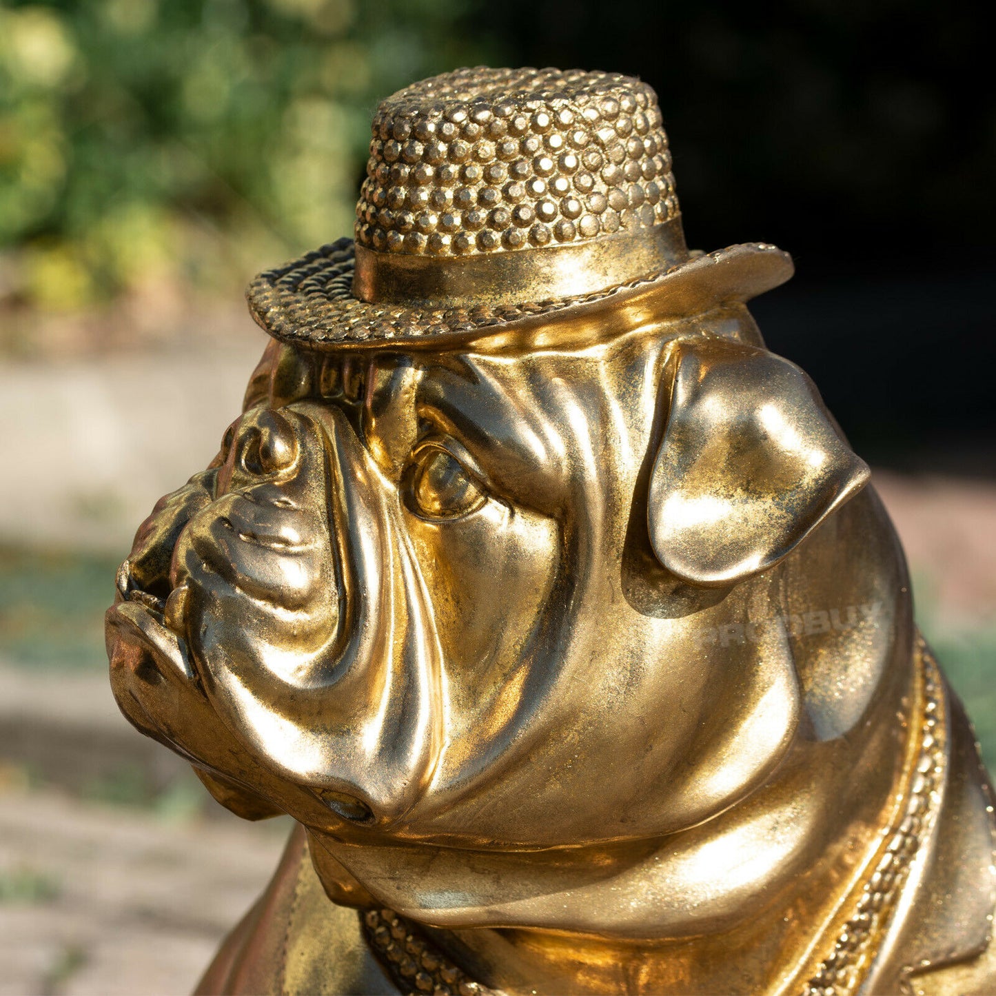 Large Gold Resin Bulldog Statue with Hat & Tie