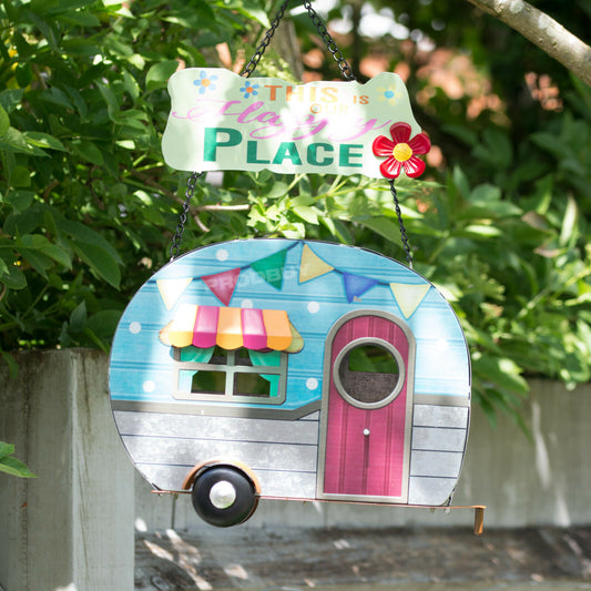 Happy Place Tree Hanging Caravan Bird House Garden Decoration