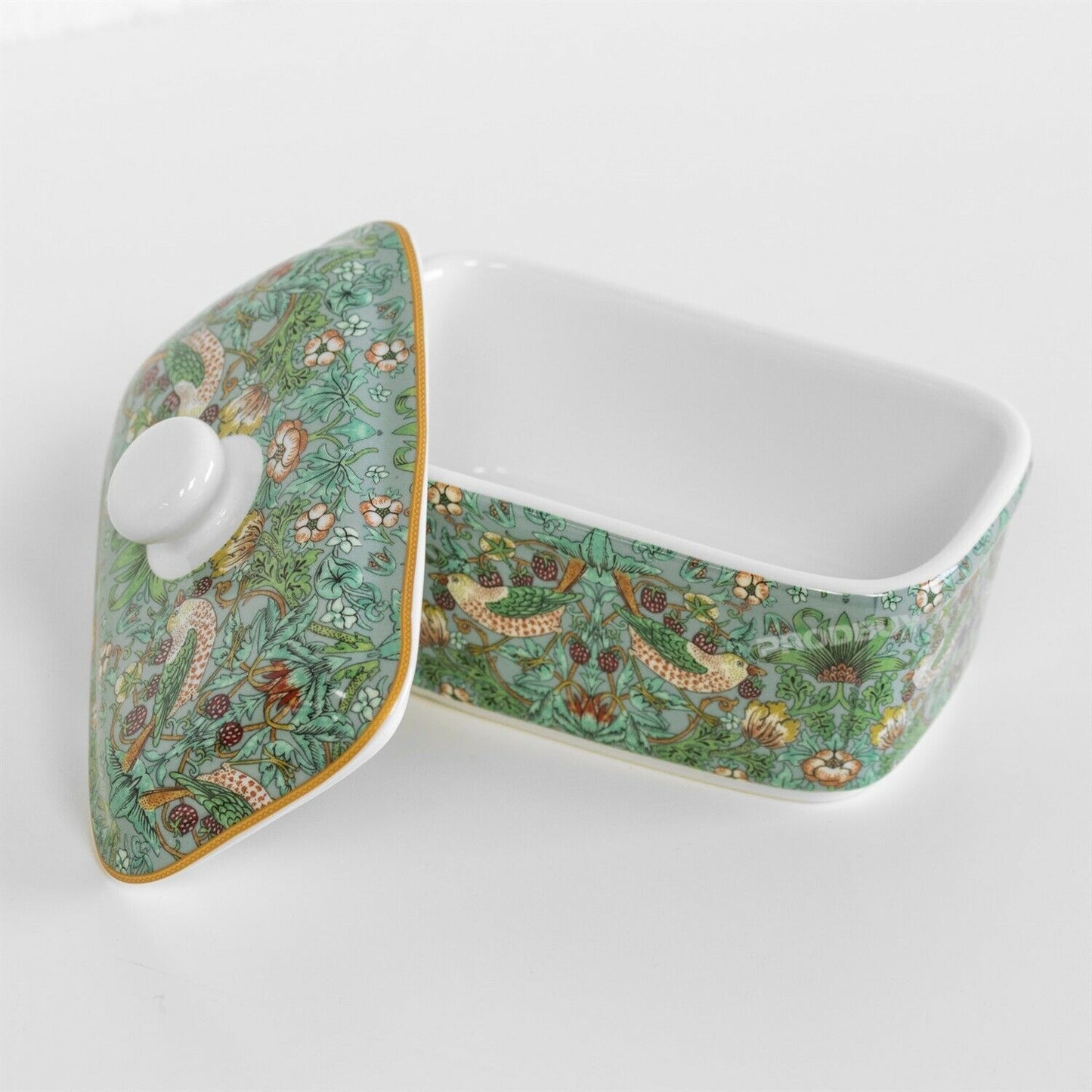 William Morris Teal Strawberry Thief Butter Dish