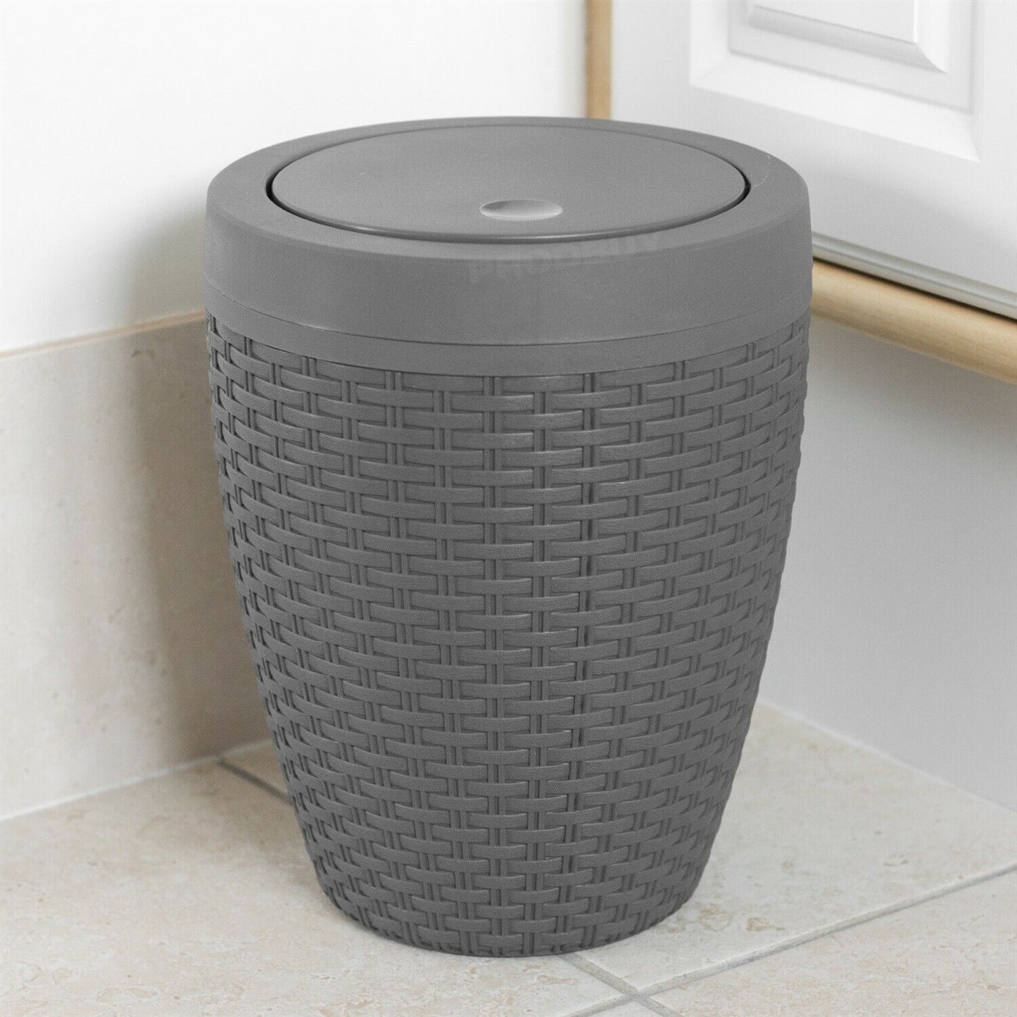 Grey Plastic 5 Litre Faux Rattan Bathroom Bin Swing Lid