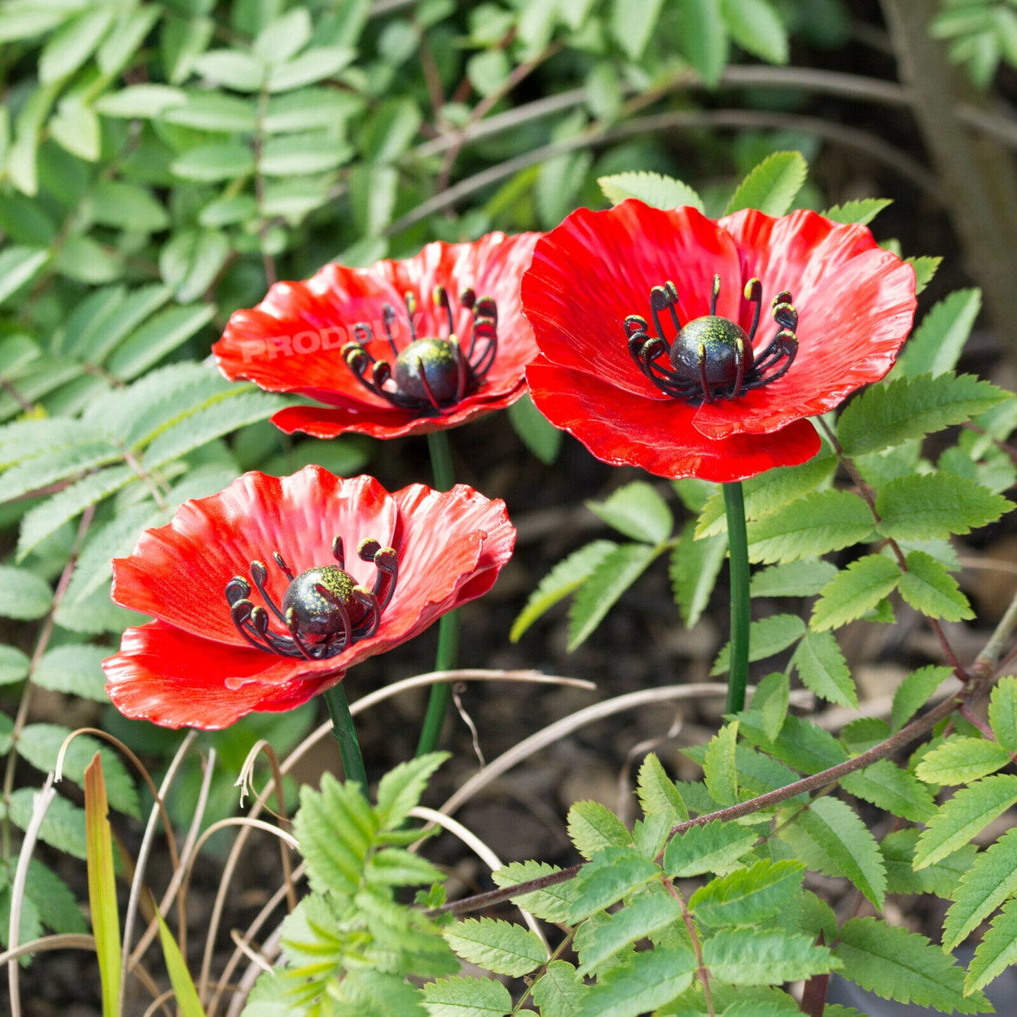 Set of 3 Tall Red Poppy Flower Garden Stakes 44cm