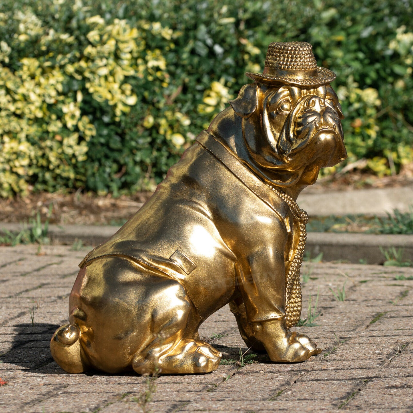 Large Gold Resin Bulldog Statue with Hat & Tie