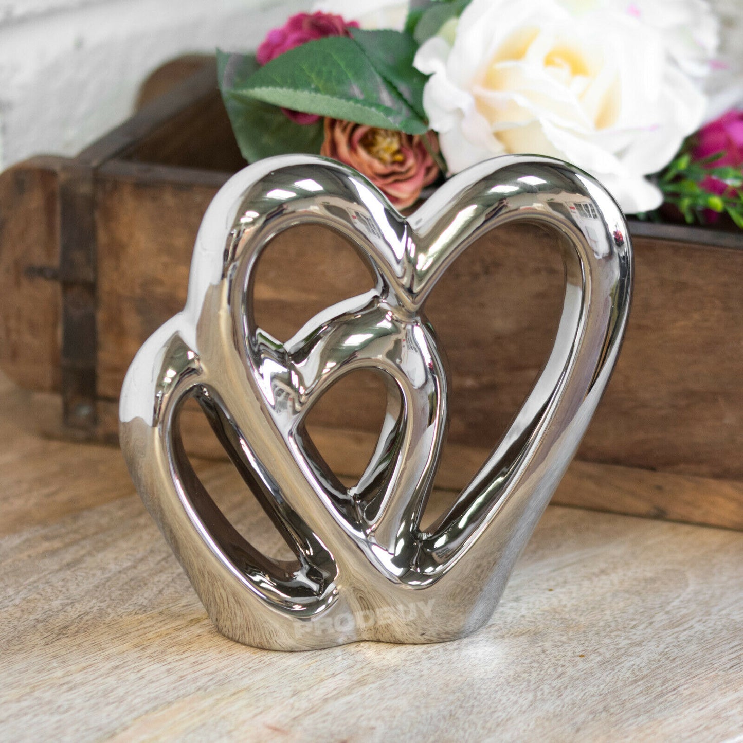 Silver Double Love Heart 15cm Decorative Ornament