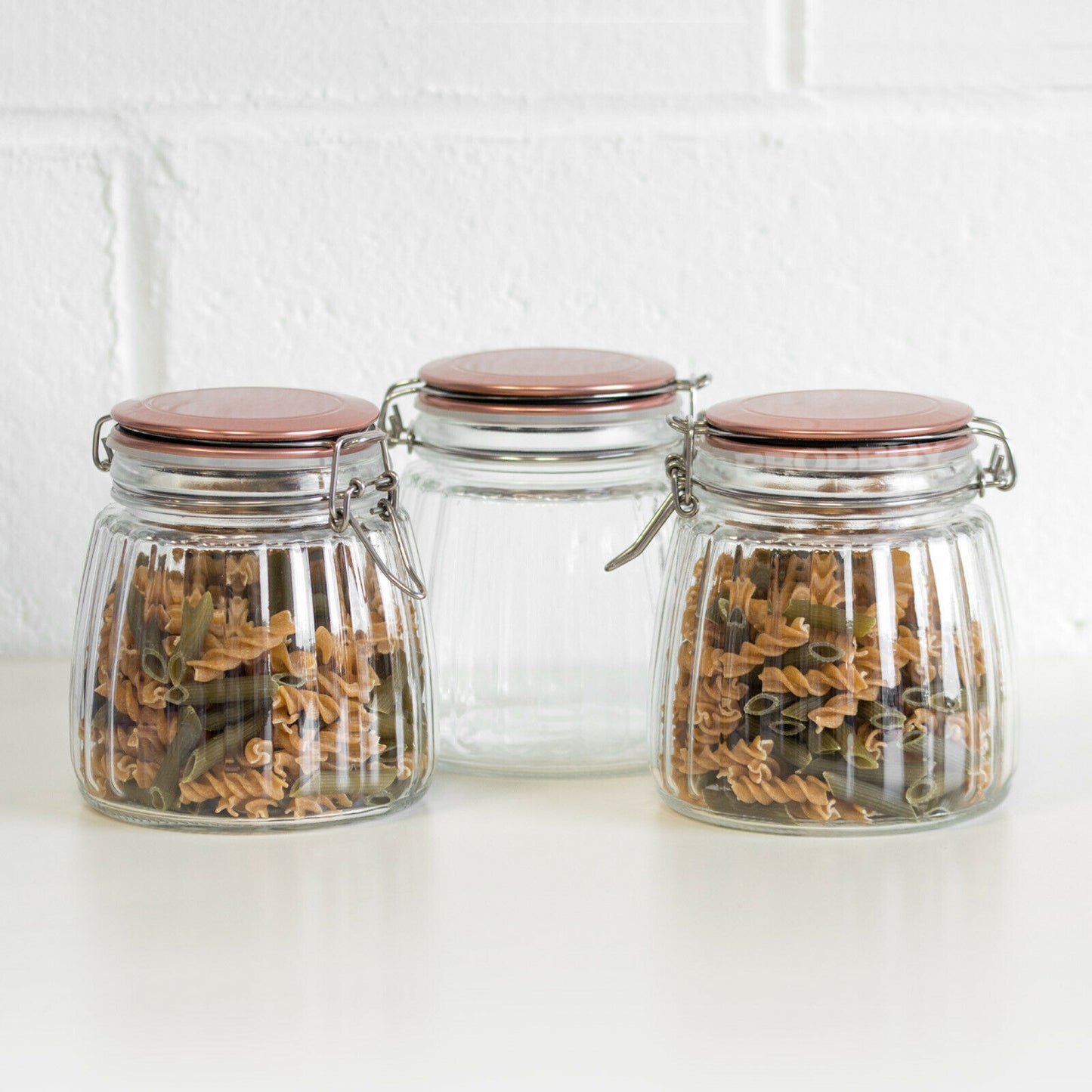 Set of 3 Ribbed 1L Glass Clip Top Storage Jars