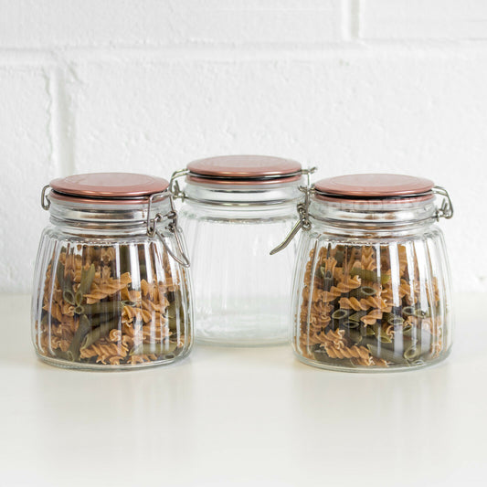 Set of 3 Ribbed 1L Glass Clip Top Storage Jars