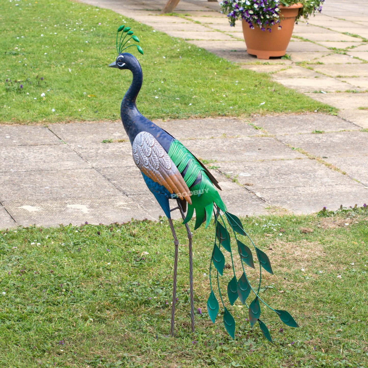 Large 100cm Blue Peacock Metal Garden Ornament