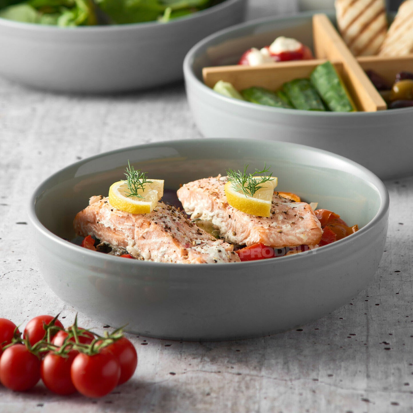 Typhoon Grey Serving Dish with Bamboo Dividers Chip & Dip Crisp Snack Bowl