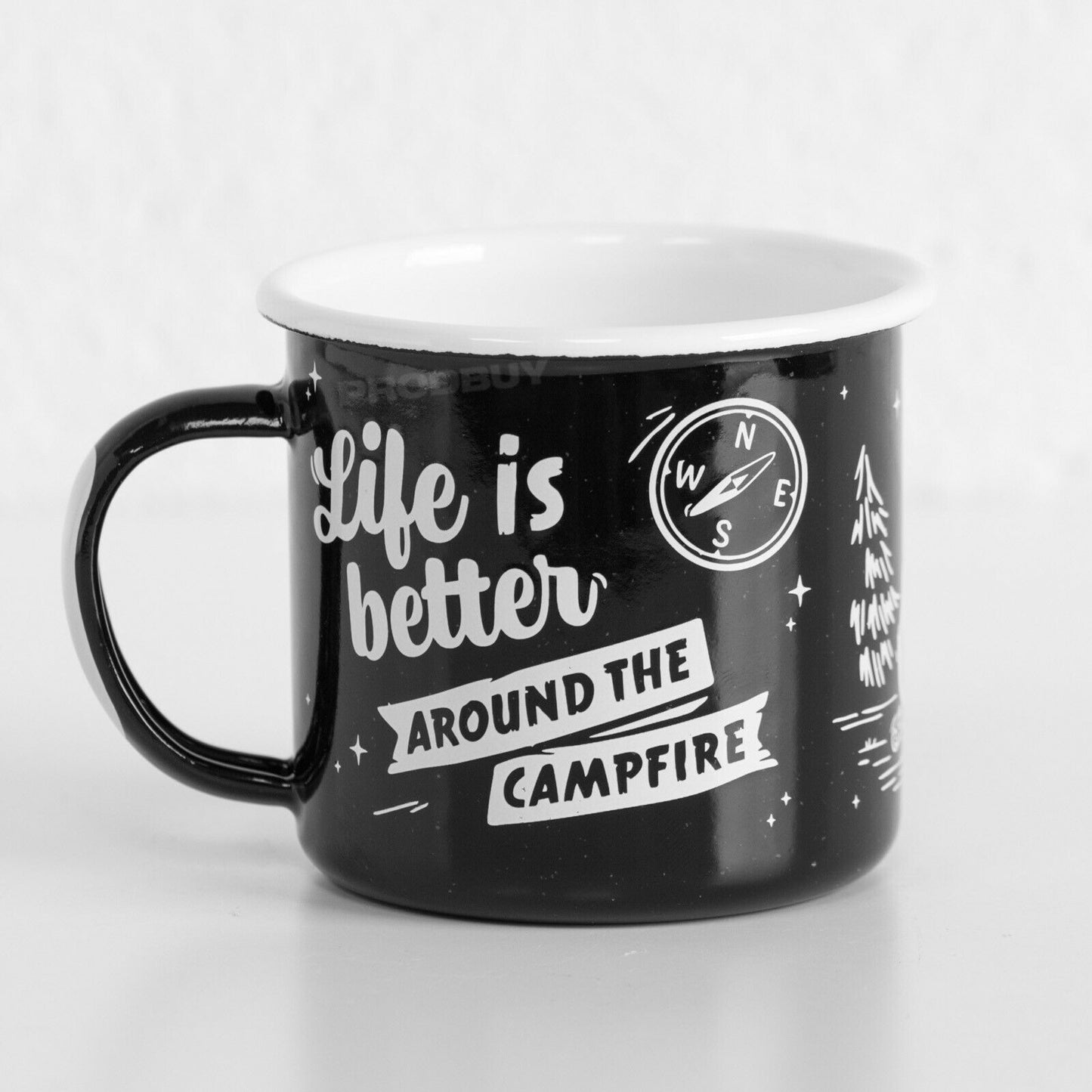 Black 'Life Is Better' Enamel Camping Coffee Mug