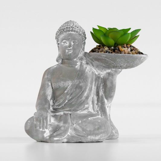Grey Small Buddha Figure with Succulent