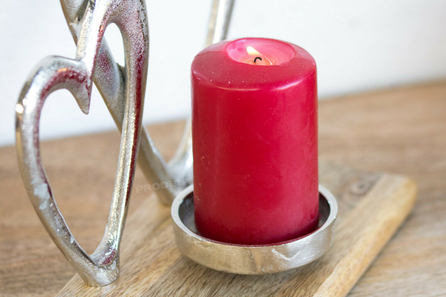 Silver Wooden Double Heart Pillar Tealight Candle Holder