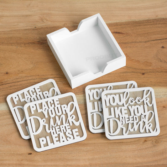 Set of 4 Two Tone White Wood Coasters with Holder