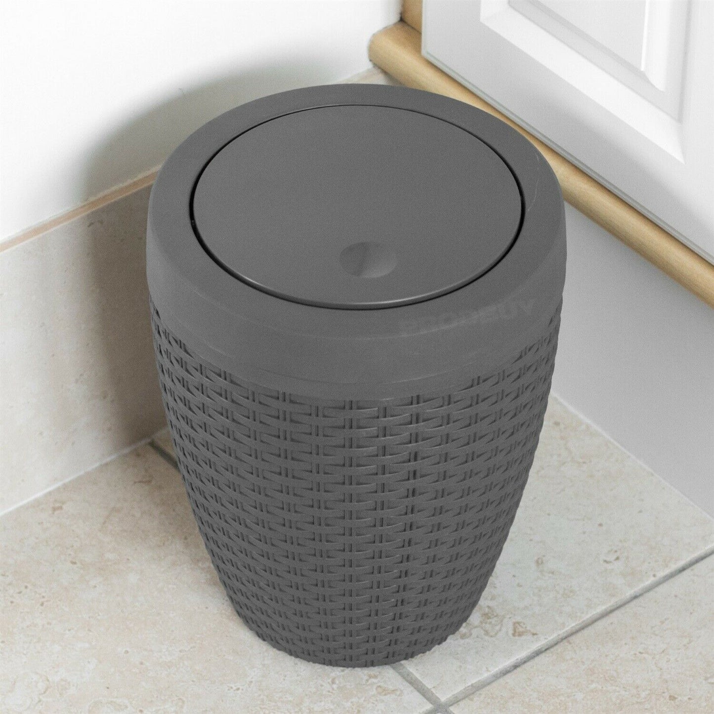 Grey Plastic 5 Litre Faux Rattan Bathroom Bin Swing Lid