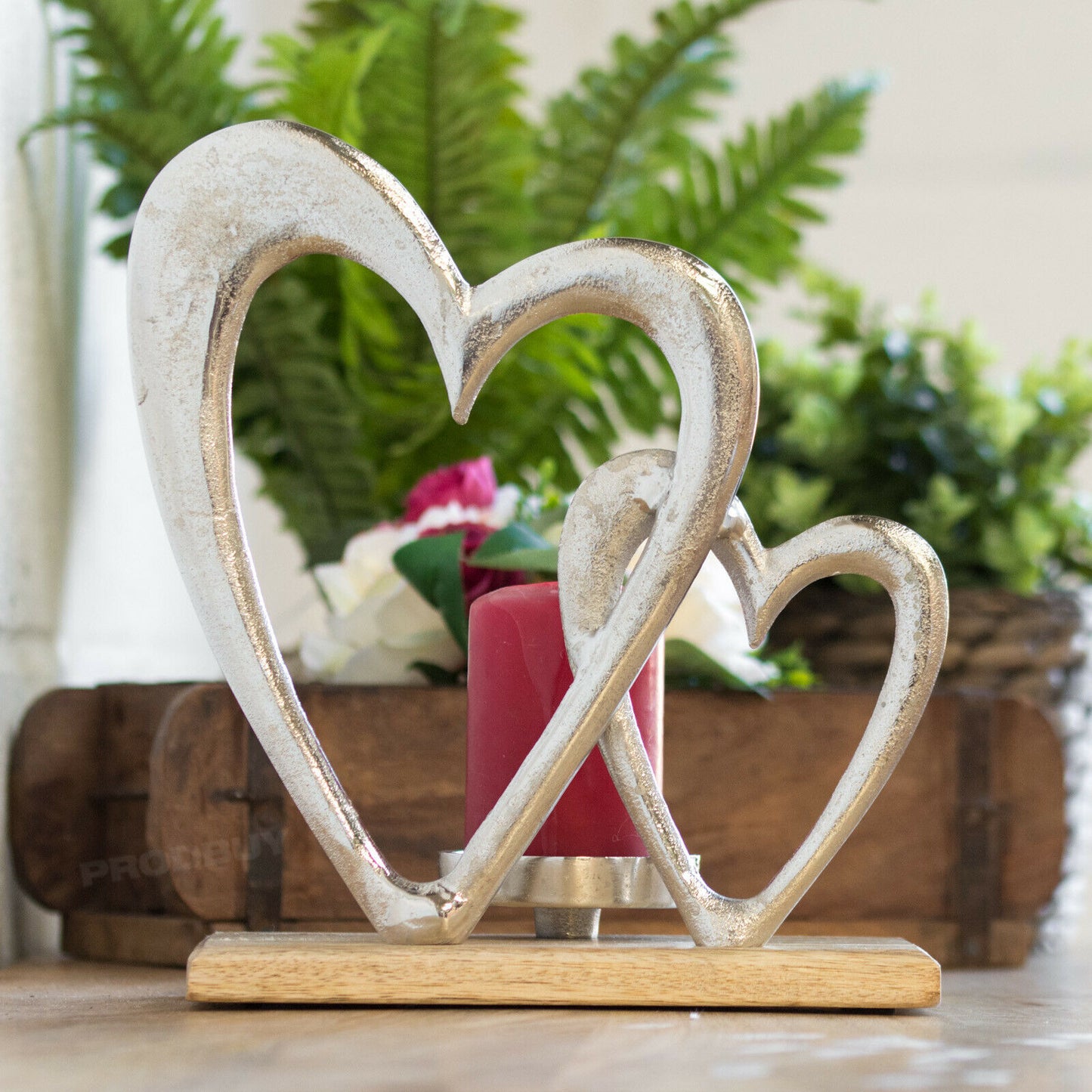 Silver Wooden Double Heart Pillar Tealight Candle Holder