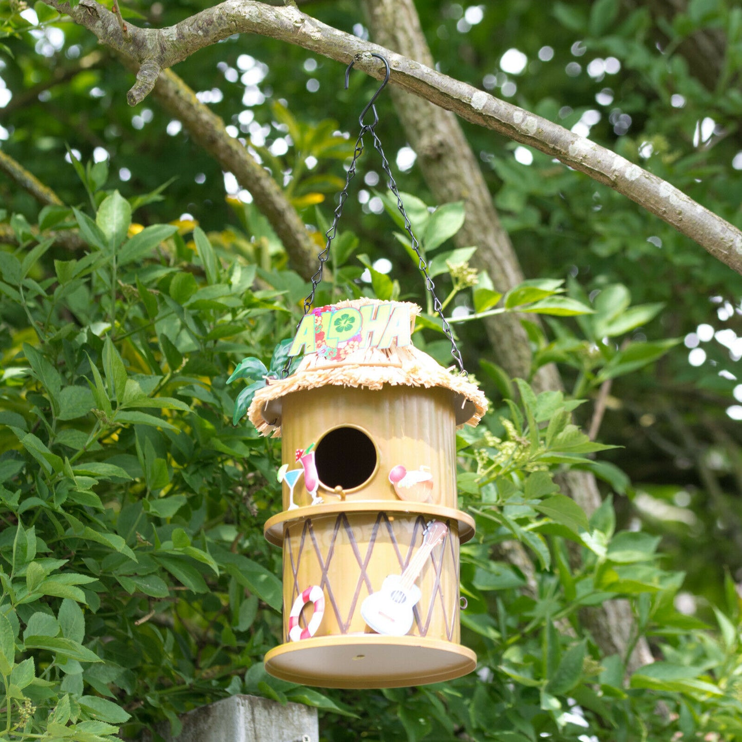 Aloha Tiki Bar Hanging Metal Garden Bird House