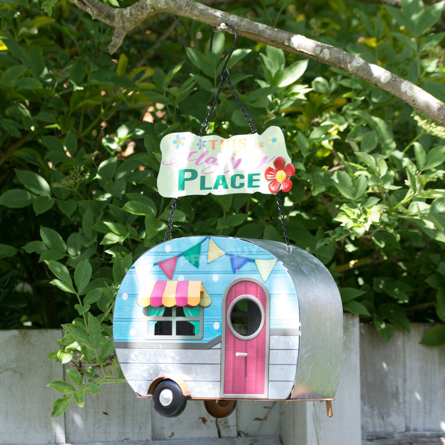 Happy Place Tree Hanging Caravan Bird House Garden Decoration