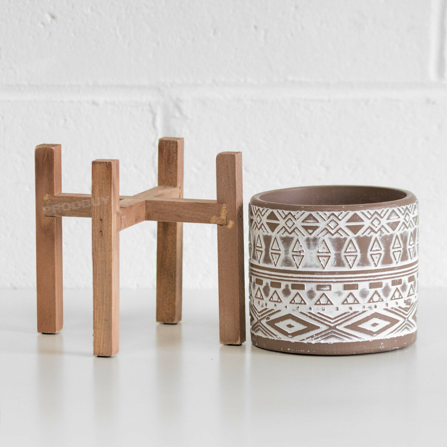 Tribal Cement Plant Pot Holder On Wooden Stand