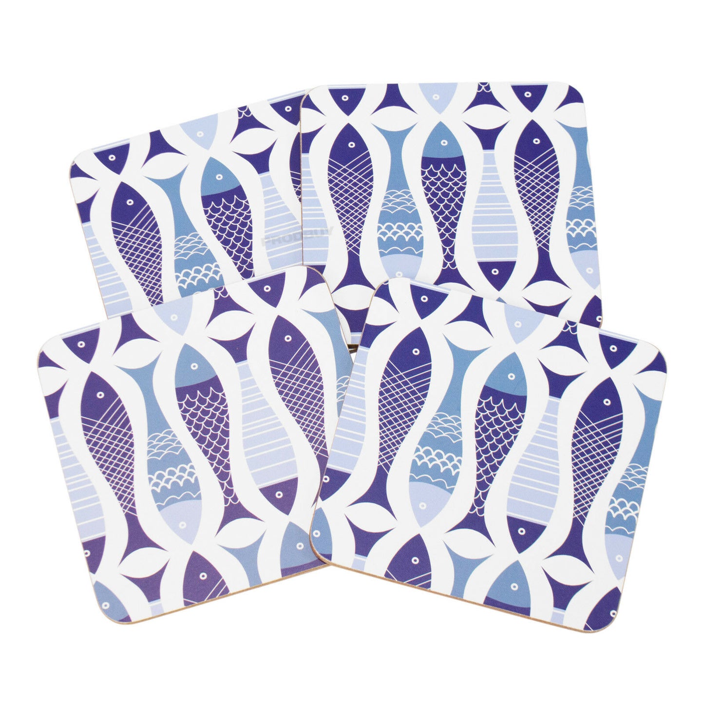 Set of 4 Placemats & 4 Coasters White & Blue Fish
