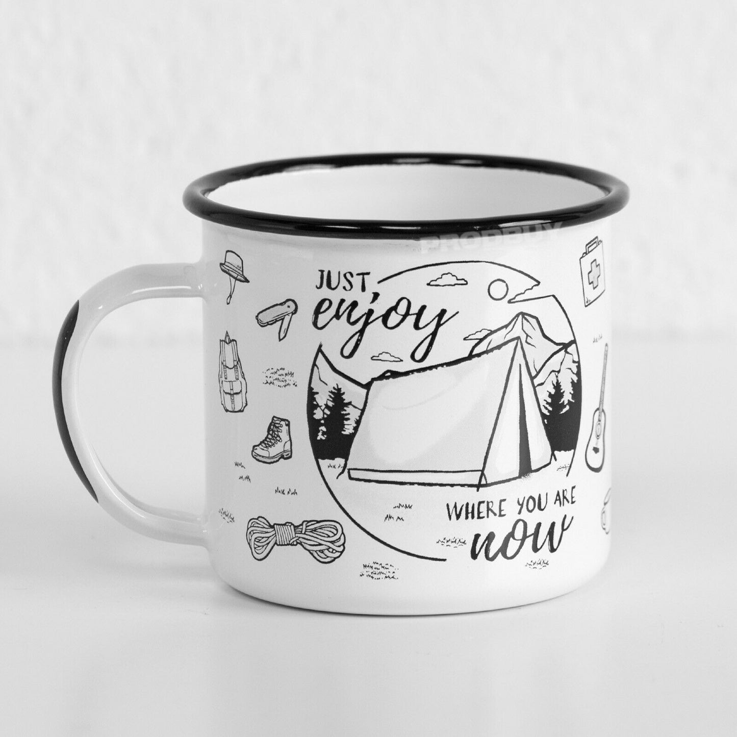 White 'Just Enjoy' Enamel Camping Coffee Mug