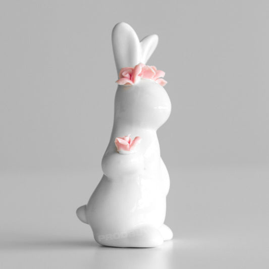 Mini White Porcelain Rabbit with Pink Flowers 9cm Ornament