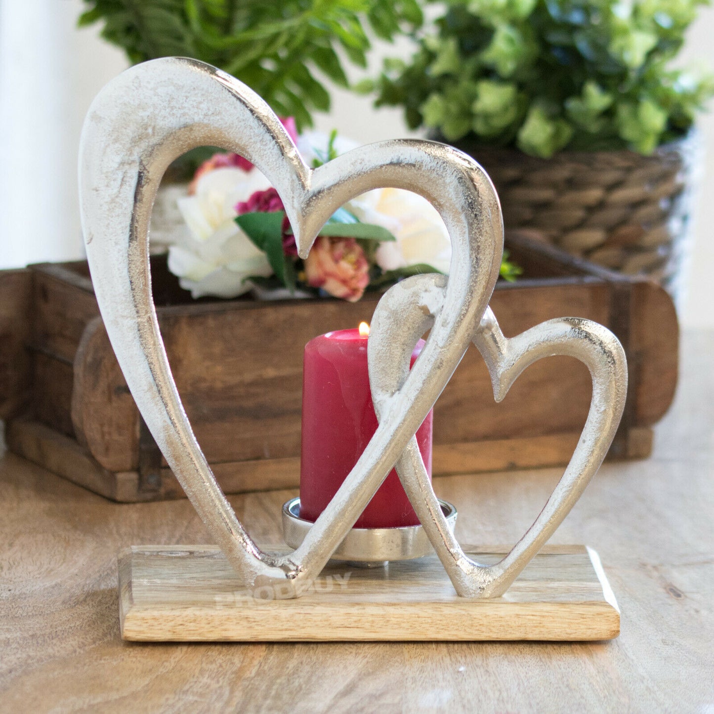 Silver Wooden Double Heart Pillar Tealight Candle Holder