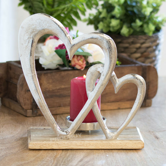 Silver Wooden Double Heart Pillar Tealight Candle Holder