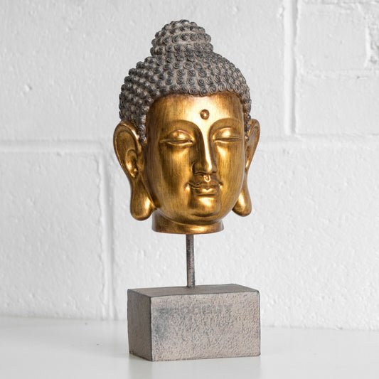 Buddha Head On Stand Ornament Distressed Gold Design