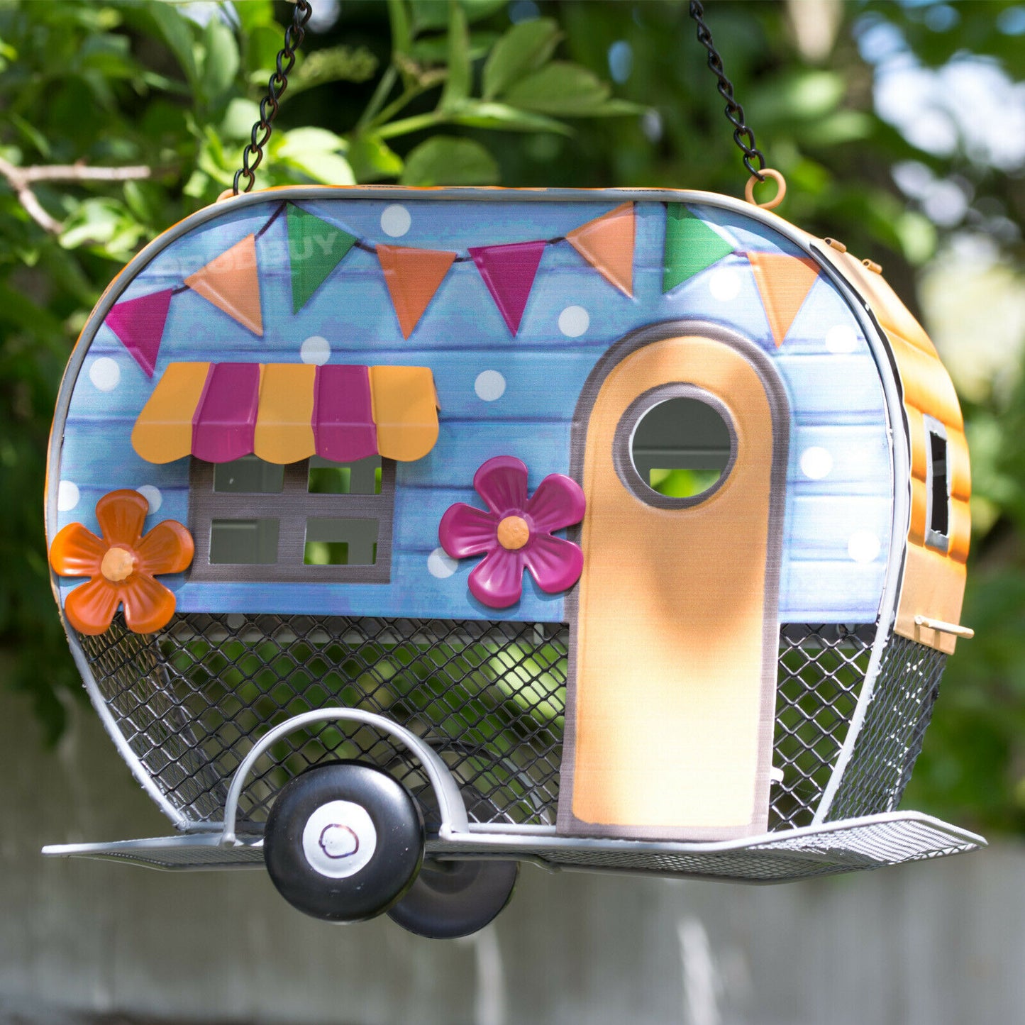 Happy Place Tree Hanging Caravan Bird Feeder Garden Nesting Box Orange Roof