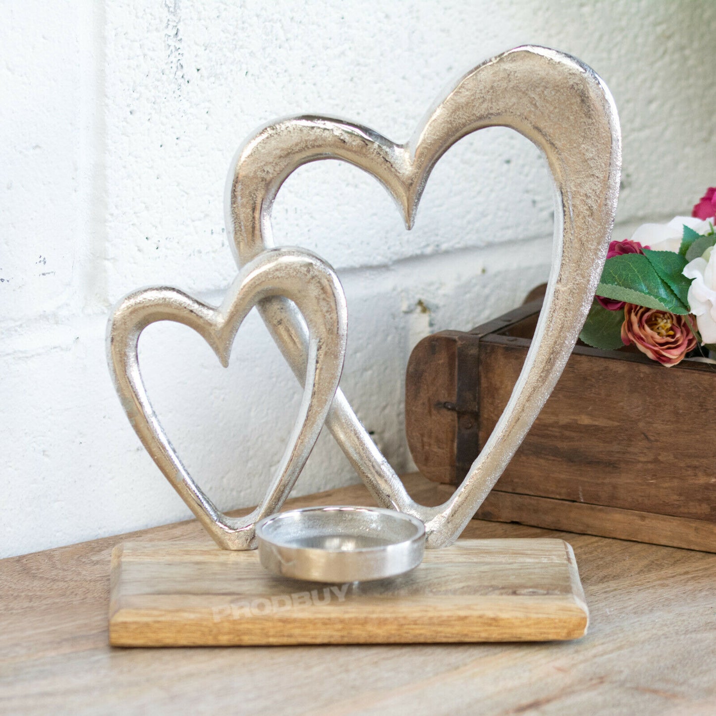 Silver Wooden Double Heart Pillar Tealight Candle Holder