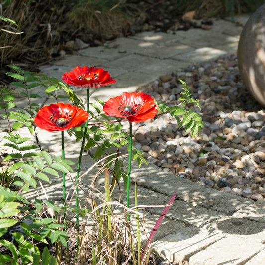 Set of 3 Tall Red Poppy Flower Garden Stakes 44cm