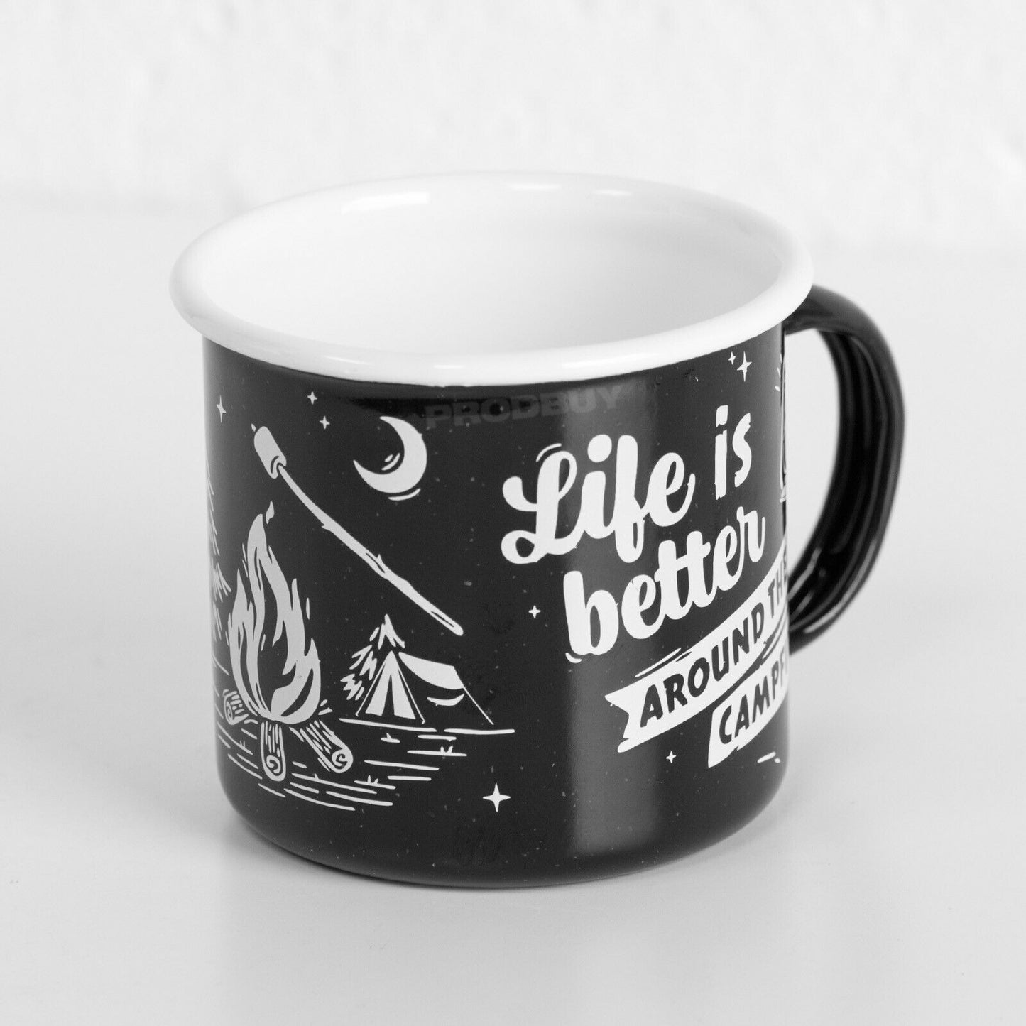 Black 'Life Is Better' Enamel Camping Coffee Mug