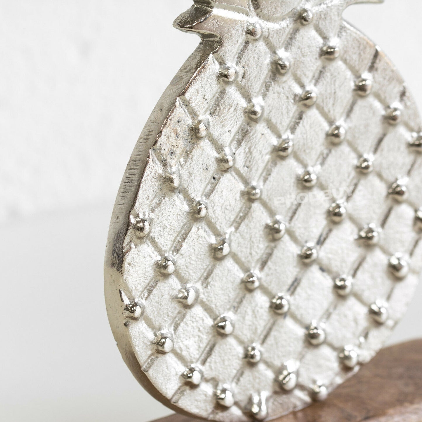 Silver Pineapple on Wooden Stand Decorative Ornament