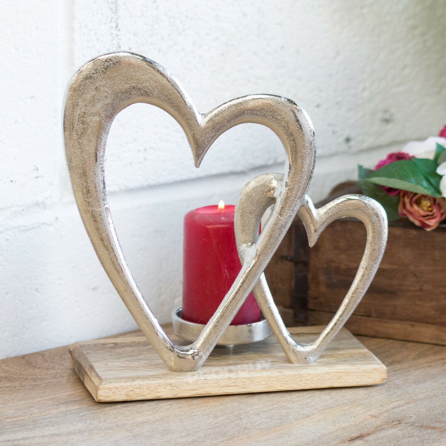Silver Wooden Double Heart Pillar Tealight Candle Holder