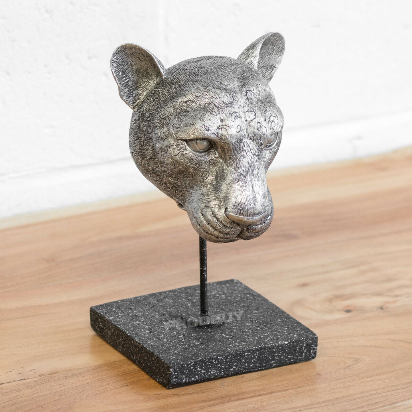Leopard Head on Stand Ornament Silver 26.5cm