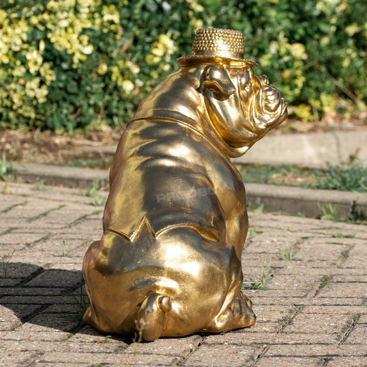 Large Gold Resin Bulldog Statue with Hat & Tie