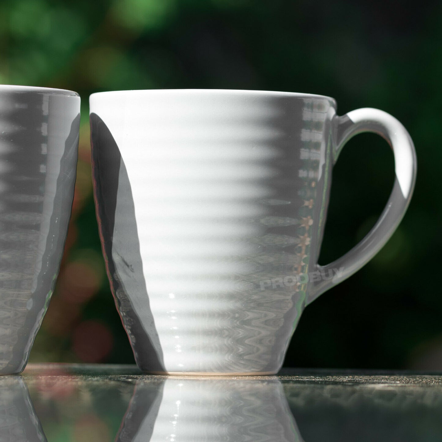 Set of 2 Grey Stoneware Ribbed Coffee Mugs