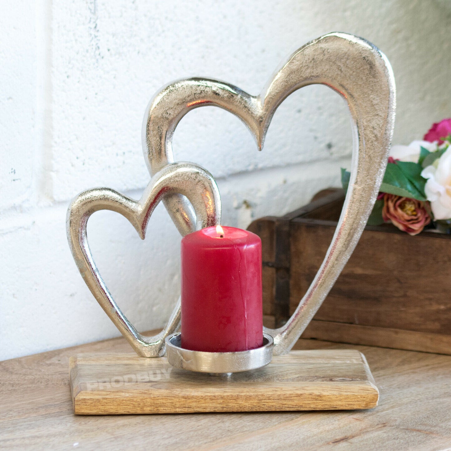 Silver Wooden Double Heart Pillar Tealight Candle Holder