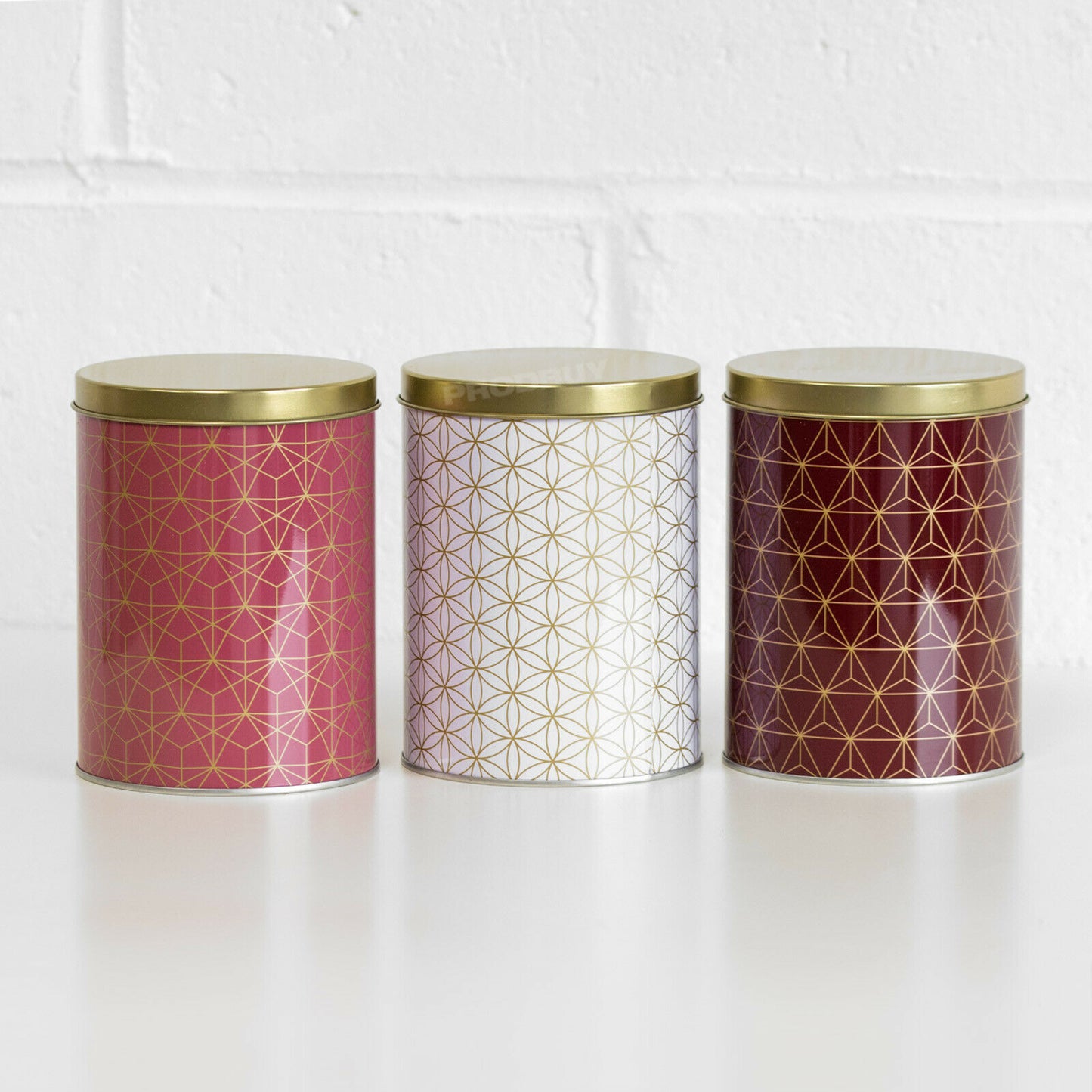 Set of 3 Geometric Storage Canisters Tea Coffee Sugar Red White Gold