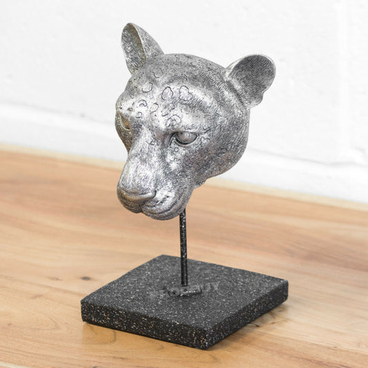 Leopard Head on Stand Ornament Silver 26.5cm