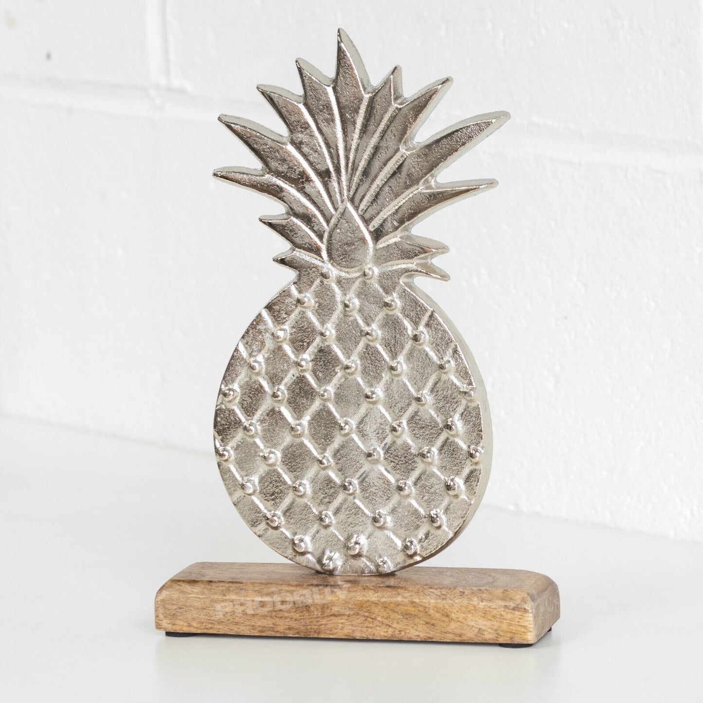 Silver Pineapple on Wooden Stand Decorative Ornament