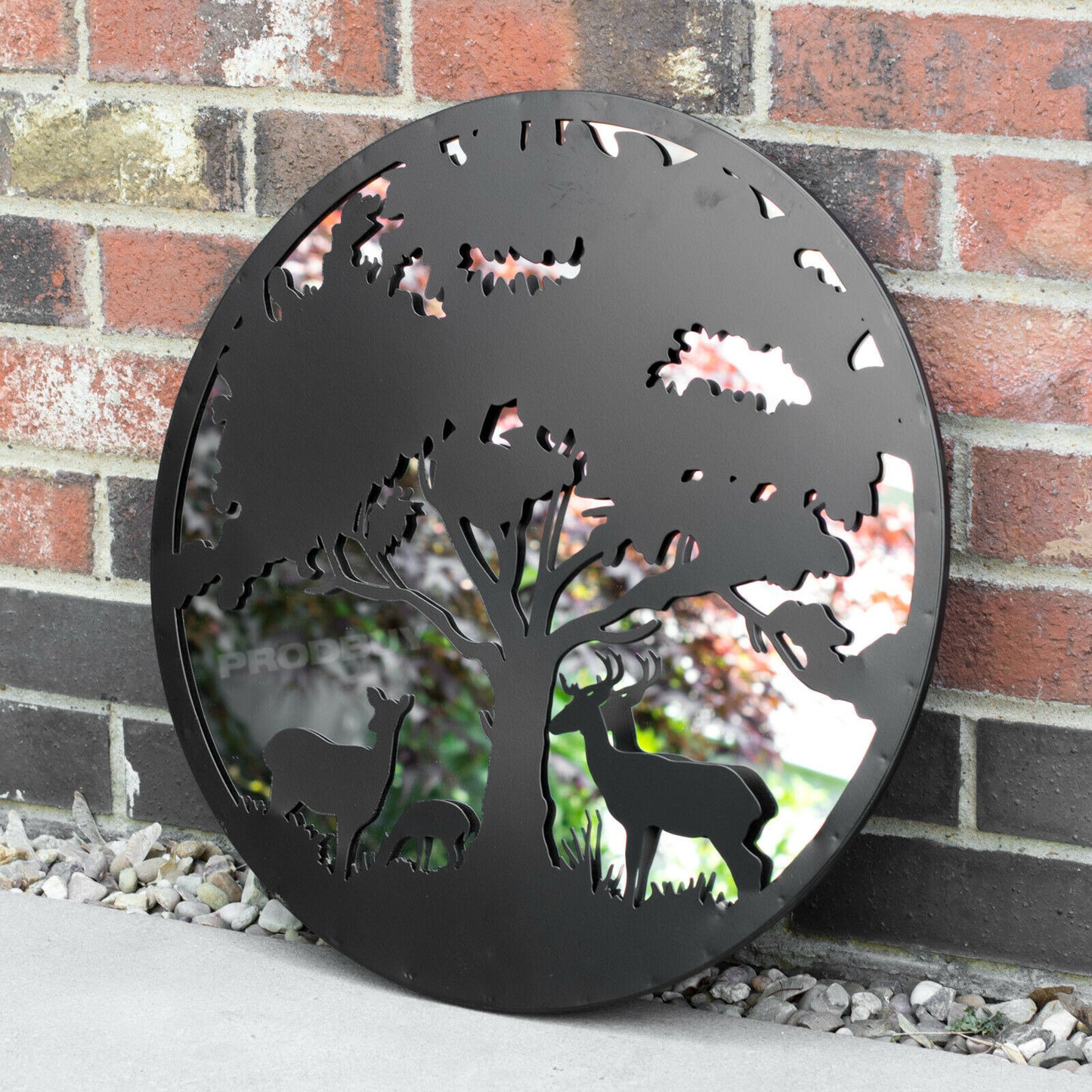 Stags & Tree Round 50cm Black Metal Garden Mirror