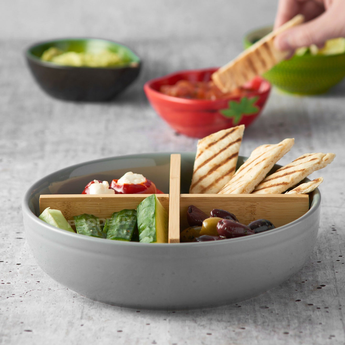 Typhoon Grey Serving Dish with Bamboo Dividers Chip & Dip Crisp Snack Bowl