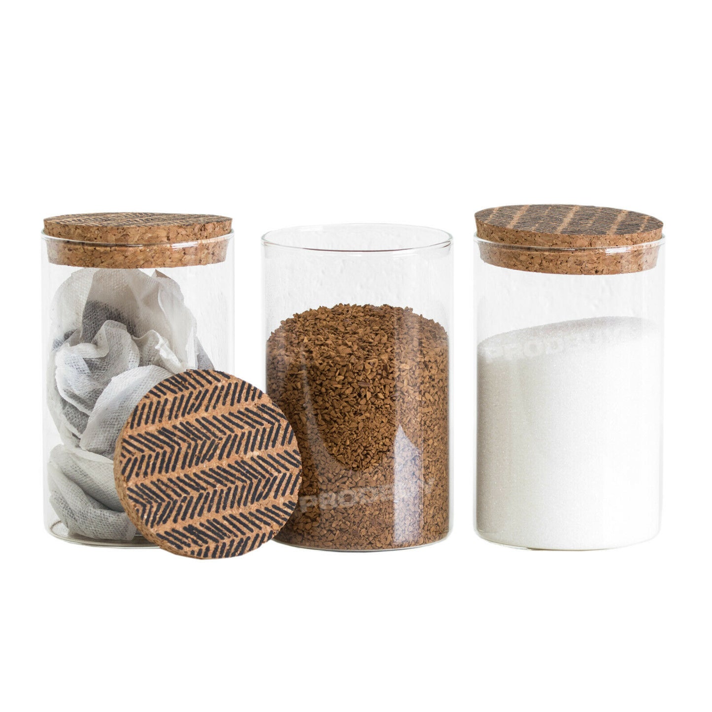 Set of 3 Glass Storage Canisters with Cork Lids Tea Coffee Sugar