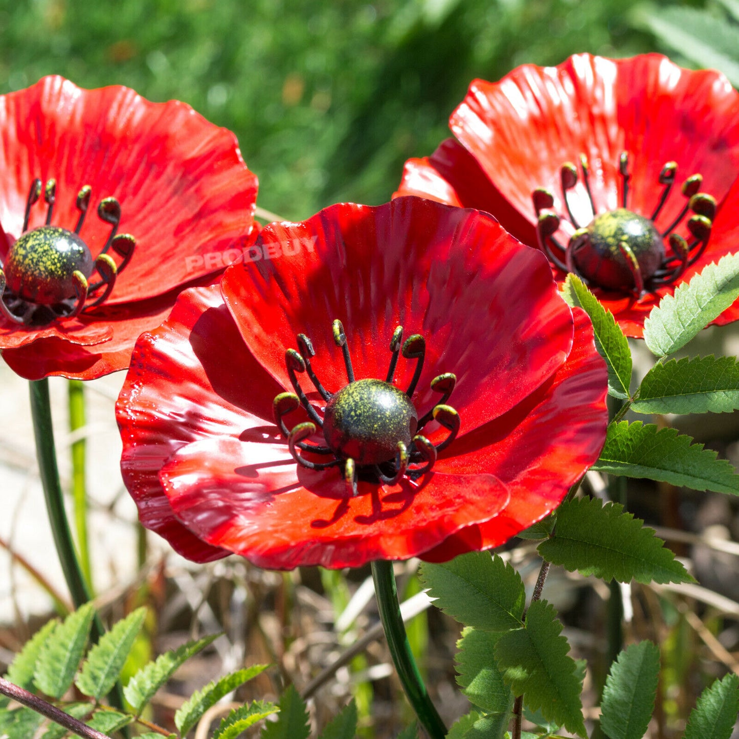 Set of 3 Tall Red Poppy Flower Garden Stakes 44cm